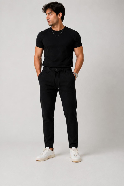 Erkek Siyah Poliviskon Trend İpli Jogger Slim Fit Spor Pantolon