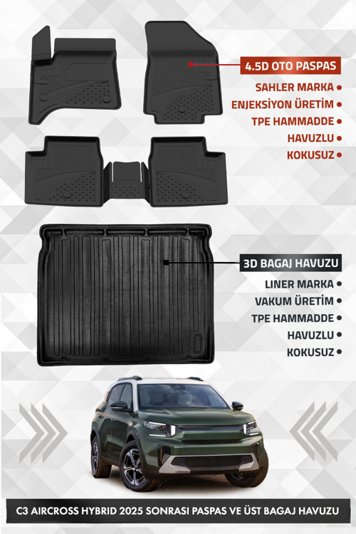Citroen C3 Aircross Hybrid 2025 ve Sonrası Uyumlu 4.5D Premium Havuzlu Oto paspas ve Liner ÜST Bagaj
