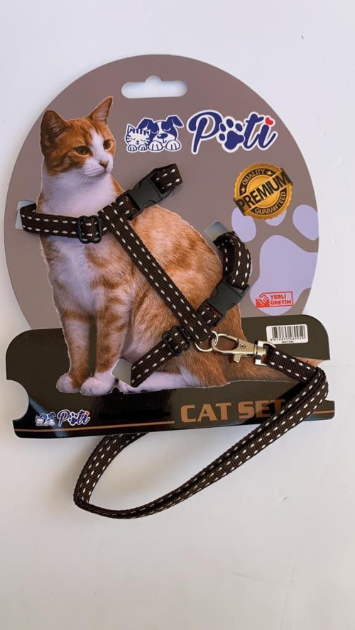 Yavru Köpek ve Kedi Gezdirme Takım Tasması (Ayarlanabilir) Kahverengi-Noktalı