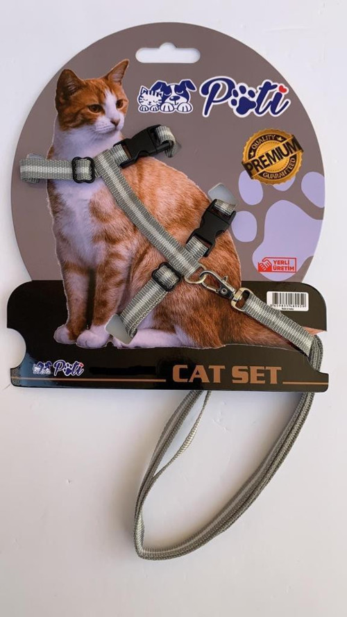 Yavru Köpek ve Kedi Gezdirme Takım Tasması (Ayarlanabilir) Gri-Krem