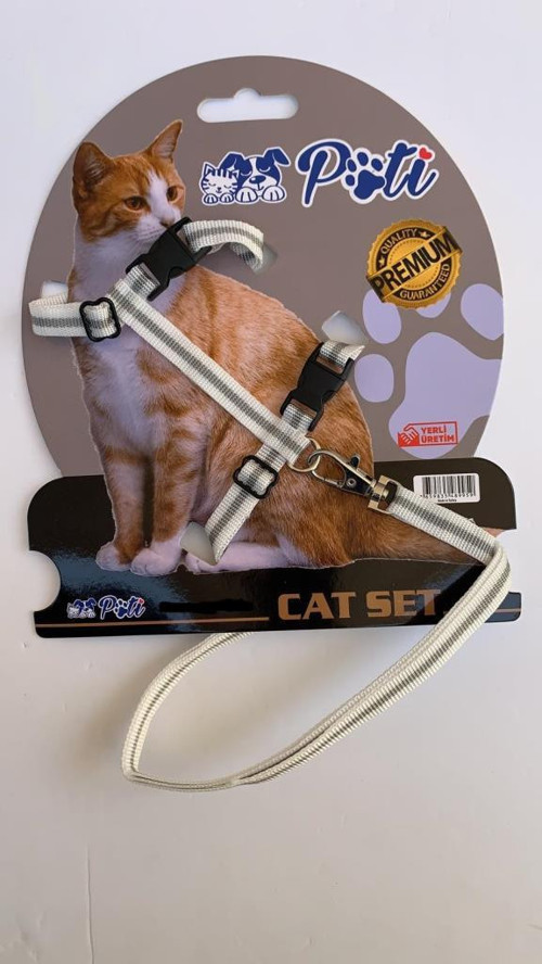 Yavru Köpek ve Kedi Gezdirme Takım Tasması (Ayarlanabilir) Beyaz-Gri