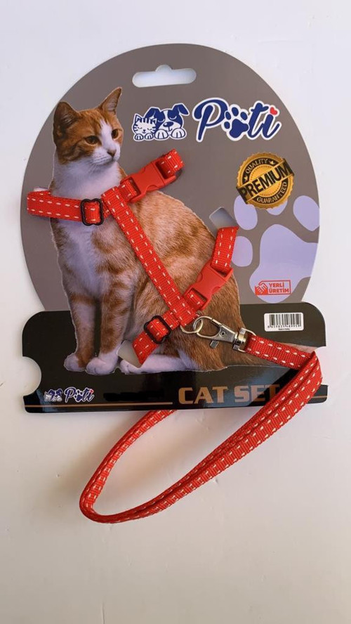 Yavru Köpek ve Kedi Gezdirme Takım Tasması (Ayarlanabilir) Kırmızı Çizgili