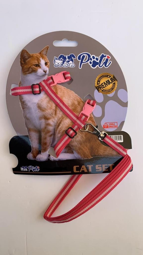 Yavru Köpek ve Kedi Gezdirme Takım Tasması (Ayarlanabilir) Pembe-Beyaz