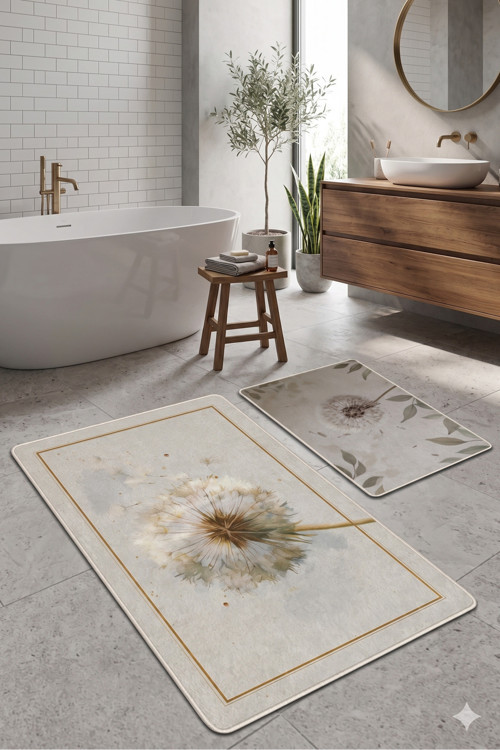 2’li Banyo Paspas Takımı - Karahindiba Desenli Vizon Bohem Kaymaz Taban 40x60 ve 60x100
