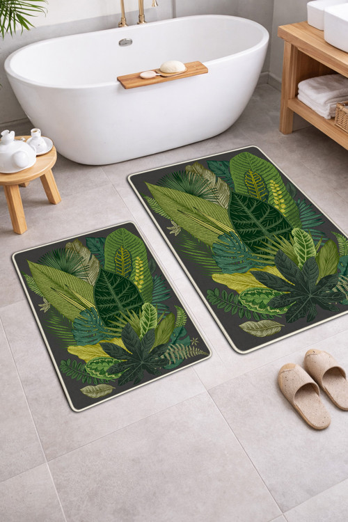 2’li Banyo Paspas Takımı - Tropikal Egzotik Yaprak Desenli Antrasit Kaymaz Taban 40x60 ve 60x100