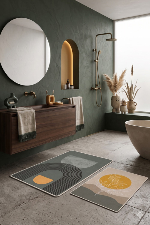 2’li Banyo Paspas Takımı - Modern Soyut Desenli Haki & Hardal Kaymaz Taban 40x60 ve 60x100
