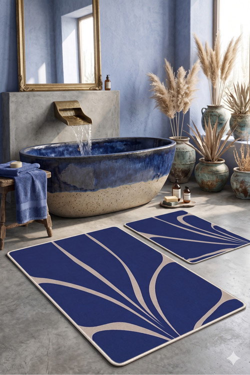 2’li Banyo Paspas Takımı - Safir Mavi Soyut Yaprak Desenli Kaymaz Taban 40x60 ve 60x100