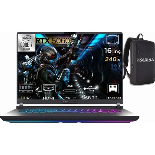 Rog Strix G16 I7-14650HX G615JMR-S5048-K04 96GB 512GB RTX5060 8gb Freedos 16" 240Hz Wqxga Gaming Laptop