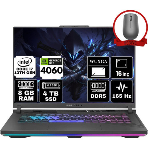 Rog Strix G16 Intel Core I7 13650HX 8gb 4tb SSD RTX4060/8GB 165Hz Windows 11 Pro 16" Wuxga Taşınabilir Bilgisayar G614JV-N3452-A68