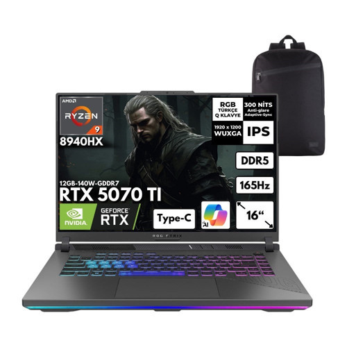 Rog Strix G16 Ryzen 9-8940HX 32-Gbddr5 2 Tbssd RTX5070TI (12GB-140W-GDDR7) 16" Wuxga 165Hz Freedos + Hmf Sırt Çantası G614PR-RV051HMF5