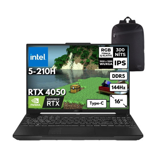 Tuf F16 Intel 5-210H 40-Gbddr5 4 Tbssd RTX4050 (6GB-140W) 16" Wuxga 144Hz Windows 11 Pro + Sırt Çantası FX607VU-RL146HMF42