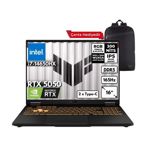 Tuf Gaming F16 I7-14650HX 64-Gbddr5 2 Tbssd RTX5050 (8GB-GDDR7-115W) 16" Wuxga 165Hz Freedos + Sırt Çantası FX608JHR-RV048ZG7