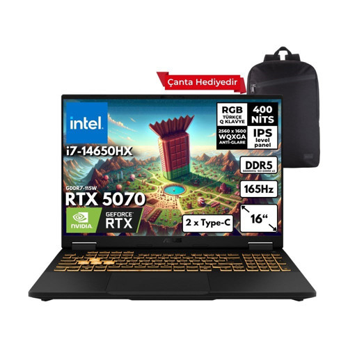 Tuf Gaming F16 I7-14650HX 48 -Gbddr5 1 Tbssd RTX5070 (8GB-GDDR7-115W) 16" 2.5k Wqxga 165Hz Freedos Taşınabilir Bilgisayar + Sırt Çantası FX608JPR-QT002HMF5