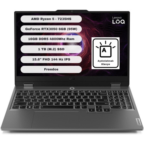 Loq 15ARP9 Gtı1 Amd Ryzen 5 7235HS 16GB 1tb SSD RTX3050 Freedos 15.6'' Fhd Taşınabilir Bilgisayar 83JC000QTR