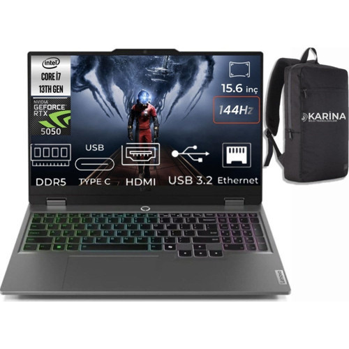 Loq 15IRX10 Intel Core I7-13700HX 83JE00KMTR-K003 64GB 512GB RTX5050 8gb Freedos 15.6" 144Hz Full Hd Gaming Laptop & Karina Çanta