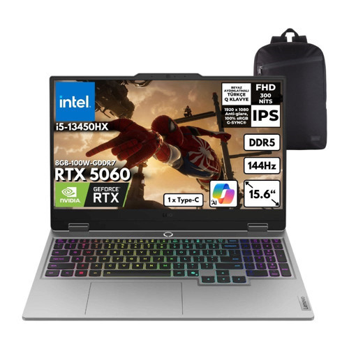 Loq I5-13450HX 24-Gbddr5 1 Tbssd RTX5060 (8GB-100W-GDDR7) 15.6" Fhd Freedos + Hmf Sırt Çantası 83JE00ENTRHMF4