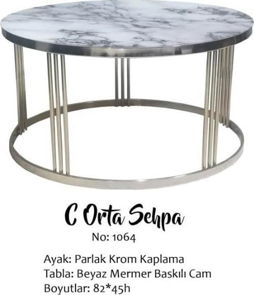 Brc 13348 Orta Sehpa C MODEL beyaz Mermer Temper Cam Metal Krom Kaplama El Yapım