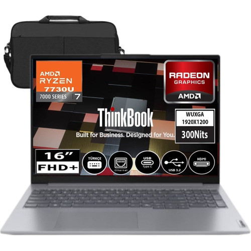 Thinkbook 16 G7 Arp Amd Ryzen 7 7735HS 40GB Ddr5 512GB SSD Radeon 680M 16" Wuxga 300NITS IPS Freedos Taşınabilir Bilgisayar 21MW002CTR03 &çanta