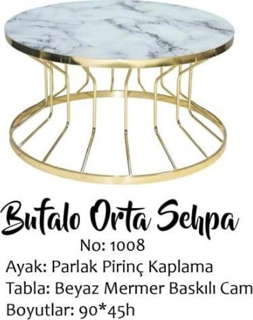 Brc Orta Sehpa Bufalo MODEL Beyaz Mermer TEMPER Cam Metal çelik GOLD renk kaplama El Yapım