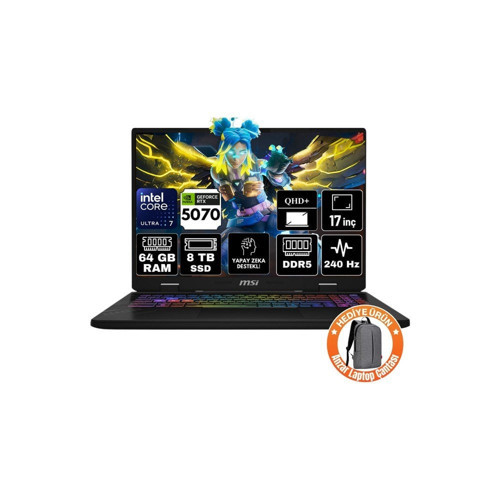 Crosshaır 17 Hx Aı D2XWGKG-017TR Intel Core Ultra 9 275HX 64 GB Ram 2 Tb SSD RTX5070 17" Qhd+ 240Hz Windows 11 Home K42