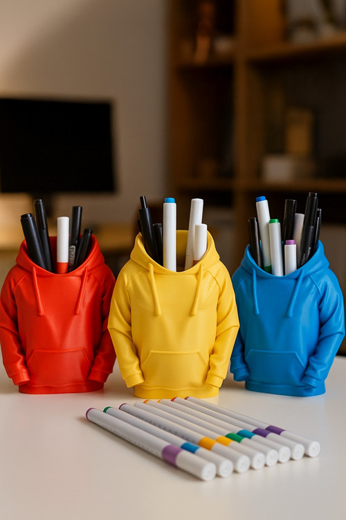 Hoodie Kalemlik – 3D Baskı Sarı Sweatshirt Masaüstü Kalem Organizeri