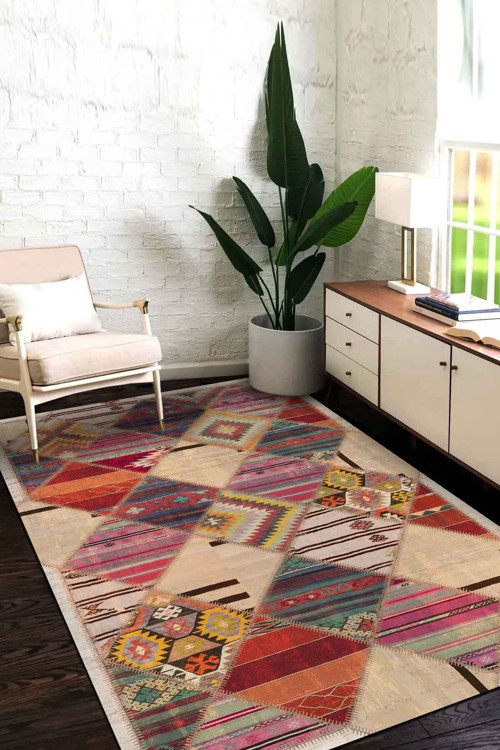 Hoya Patchwork Desenli Pamuk Tabanlı Yıkanabilen Kaydırmaz Kadife Salon Halısı
