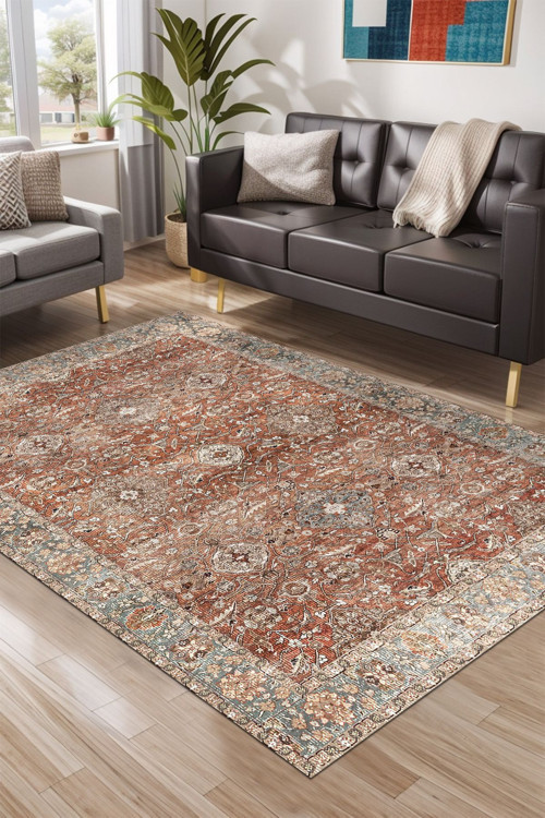 Aida Home Onzy Vintage Kadife Yıkanabilir Kaymaz Pamuk Tabanlı Antibakteriyel Kilim Salon Halısı