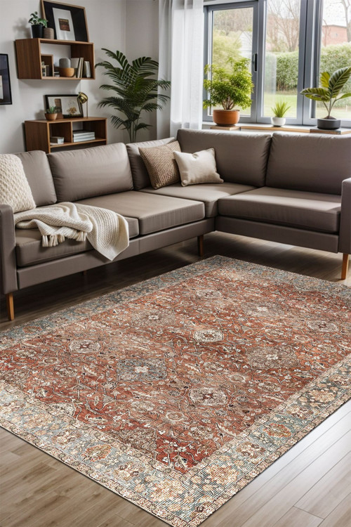 Aida Home Onzy Vintage Kadife Yıkanabilir Kaymaz Pamuk Tabanlı Antibakteriyel Kilim Salon Halısı 2