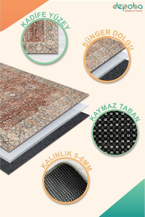 Aida Home Onzy Vintage Kadife Yıkanabilir Kaymaz Pamuk Tabanlı Antibakteriyel Kilim Salon Halısı 5