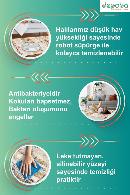 Aida Home Onzy Vintage Kadife Yıkanabilir Kaymaz Pamuk Tabanlı Antibakteriyel Kilim Salon Halısı 6