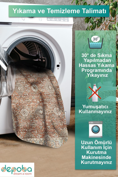 Aida Home Onzy Vintage Kadife Yıkanabilir Kaymaz Pamuk Tabanlı Antibakteriyel Kilim Salon Halısı 7