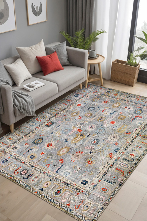 Aida Home Beleni Vintage Desenli Pamuk Tabanlı Yıkanabilen Kaydırmaz Antibakteriyel Şönil Salon Halısı 2