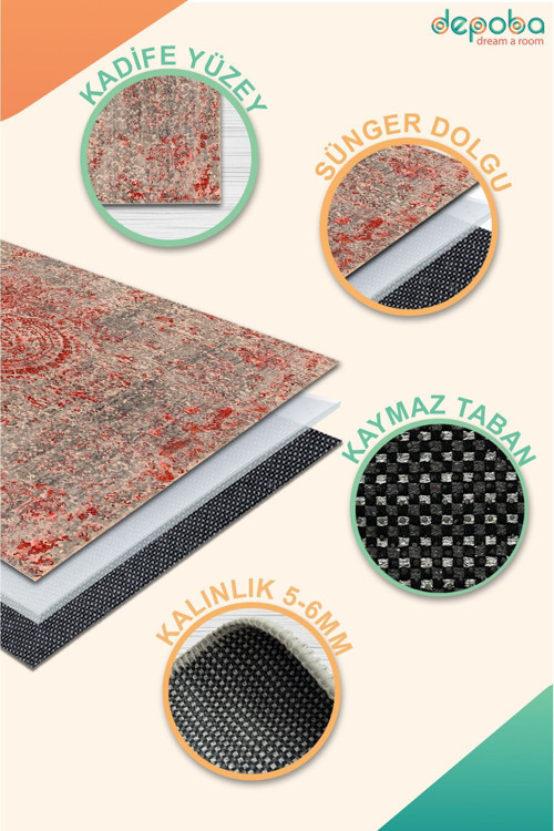 Aida Home Bamens Vintage Kadife Yıkanabilir Kaymaz Pamuk Tabanlı Antibakteriyel Salon Halısı 5