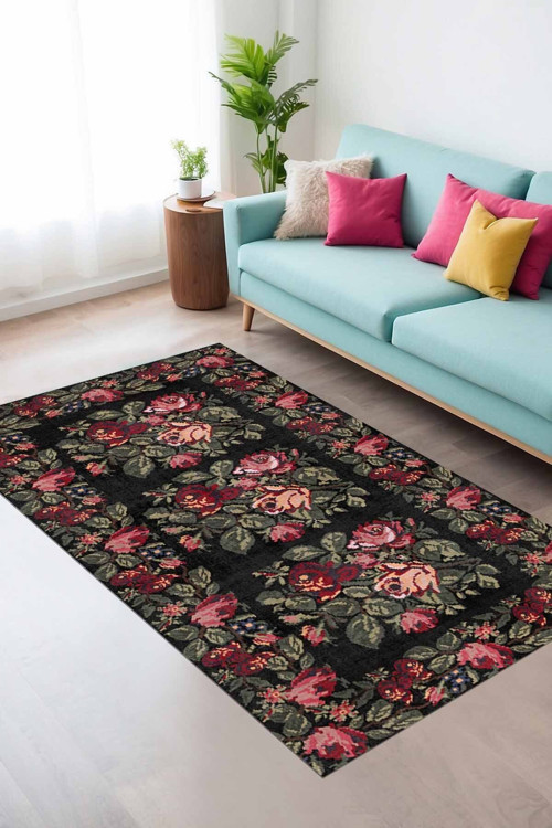 Camila Karabağ Yıkanabilir Kaymaz Pamuk Taban Kadife Salon, Mutfak Halısı, Yolluk, Kilim