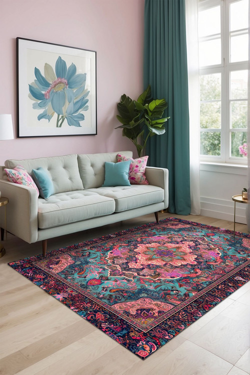 Aida Home Empar Vintage Şönil Doğal Pamuk Tabanlı Salon Halısı Kaymaz Antibakteriyel Yıkanabilir Çevre Dostu 2