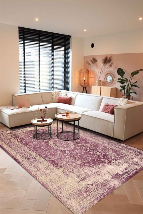 Blossom Eskitme Desenli Pamuk Tabanlı Yıkanabilen Kaydırmaz Antibakteriyel Şönil Salon Halısı