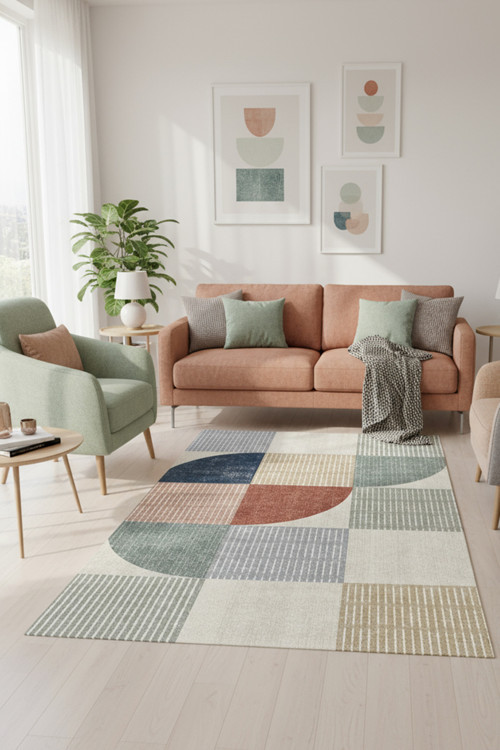 Dern Modern Geometrik Desenli Yıkanabilen Kaydırmaz Şönil Salon Halısı