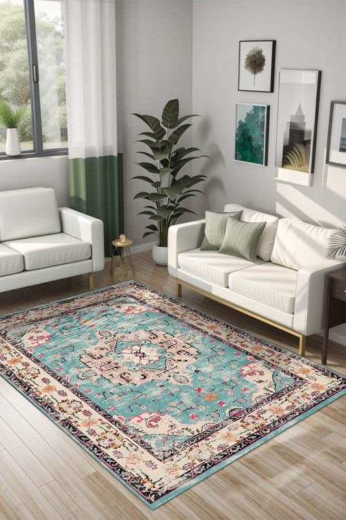 Pier Vintage Kadife Yıkanabilir Kaymaz Pamuk Tabanlı Antibakteriyel Salon Halısı