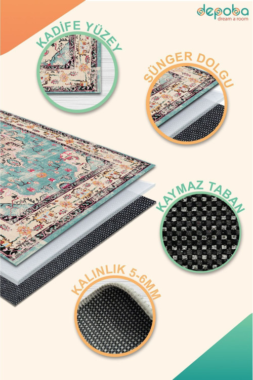 Aida Home Pier Vintage Kadife Yıkanabilir Kaymaz Pamuk Tabanlı Antibakteriyel Salon Halısı 5
