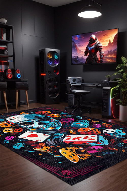 Dice Gamer Halısı, Şönil Pamuk Tabanlı, Kaydırmaz, Yıkanabilen, Gaming Oyuncu Odası Halısı