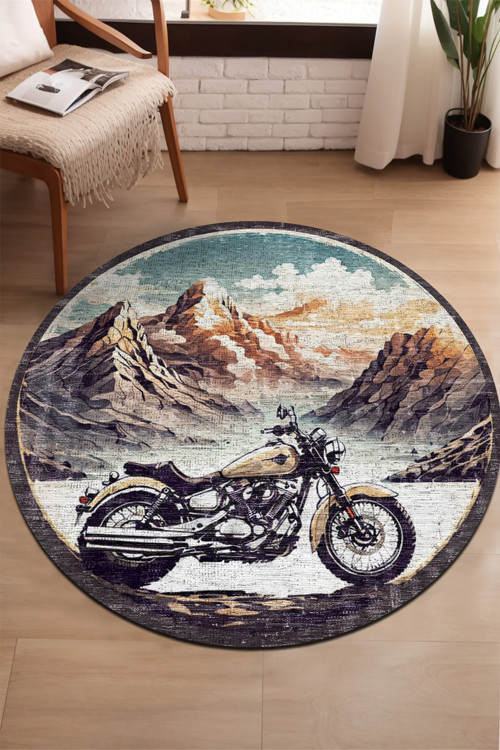 Motorcycle Şönil Pamuk Tabanlı, Kaydırmaz, Yıkanabilen, Antibakteriyel Yuvarlak Salon Halısı, Mutfak