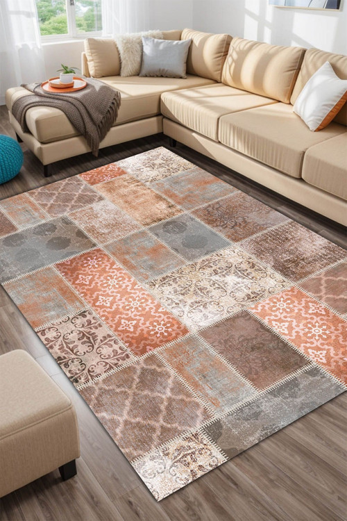 Nandy Patchwork Kadife Yıkanabilir Kaymaz Pamuk Tabanlı Antibakteriyel Salon Halısı