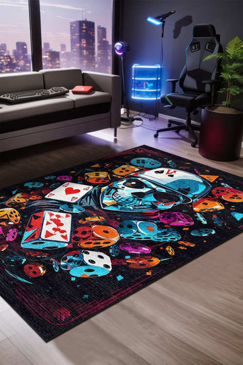 Dice Gamer Halısı, Şönil Pamuk Tabanlı, Kaydırmaz, Yıkanabilen, Gaming Oyuncu Odası Halısı