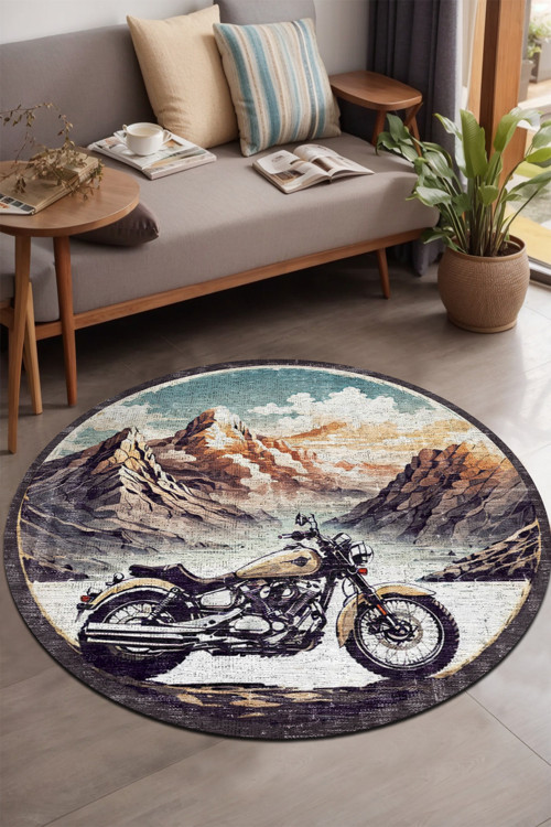 Motorcycle Şönil Pamuk Tabanlı, Kaydırmaz, Yıkanabilen, Antibakteriyel Yuvarlak Salon Halısı, Mutfak