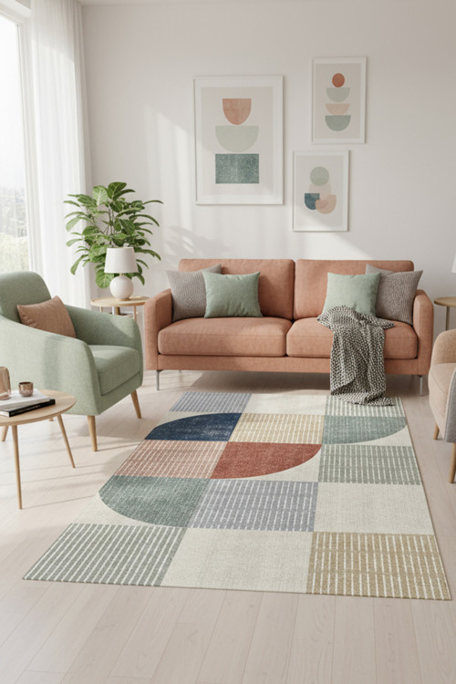 Dern Modern Geometrik Desenli Yıkanabilen Kaydırmaz Şönil Salon Halısı
