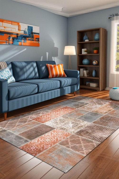 Nandy Patchwork Kadife Yıkanabilir Kaymaz Pamuk Tabanlı Antibakteriyel Salon Halısı