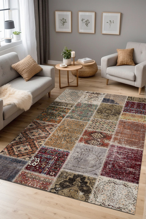 Flona Patchwork Şönil Doğal Pamuk Tabanlı Salon Halısı Kaymaz Antibakteriyel Yıkanabilir Çevre Dostu