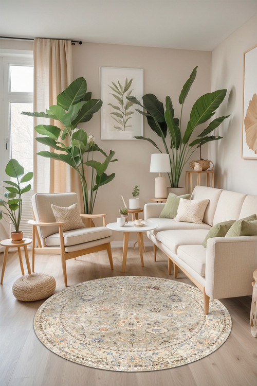 Aida Home Monty Elit Vintage Desenli Pamuk Tabanlı Yıkanabilen Kaydırmaz Antibakteriyel Şönil Salon Halısı