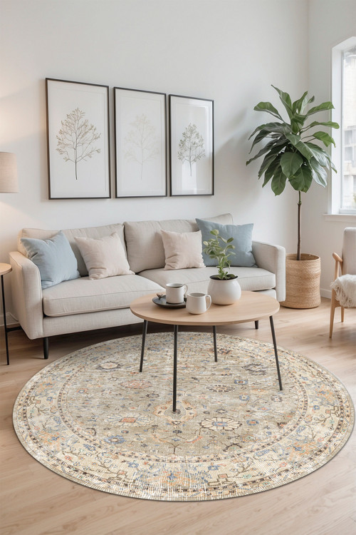 Aida Home Monty Elit Vintage Desenli Pamuk Tabanlı Yıkanabilen Kaydırmaz Antibakteriyel Şönil Salon Halısı 2