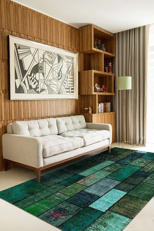 Trunk Patchwork Desenli Pamuk Tabanlı Yıkanabilen Kaydırmaz Antibakteriyel Şönil Salon Halısı
